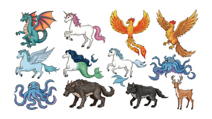 Naklejka premium Mythical Menagerie: A vibrant gathering of mythical creatures, each with unique characteristics and captivating charm. A whimsical world where imagination takes flight.