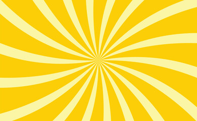 Yellow radial swirl sunburst background. Retro spiral rays abstract pattern design. Bright vintage style burst backdrop for banners and posters