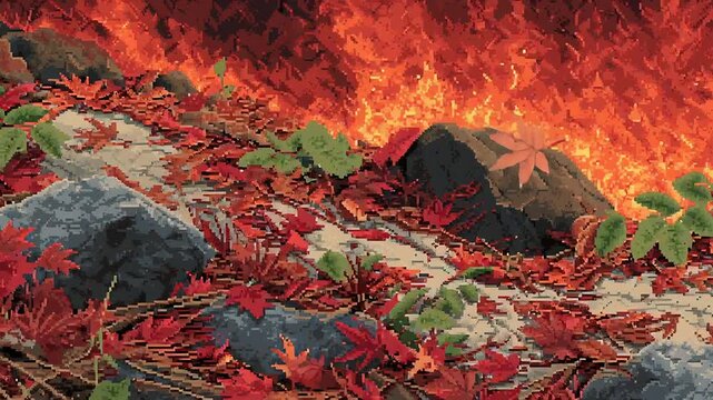Pixel art campfire in forest clearing full moon concept. Pixel art autumn forest floor with colorful leaves rocks and glowing background scene