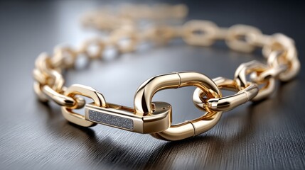 Fototapeta premium Gold chain necklace with lock design displayed on dark surface