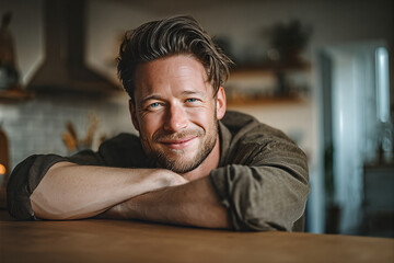 Obraz premium Smiling mid - 30s man relaxing as a remote worker in a cozy kitchen — tousled hair, trimmed beard, olive shirt leaning on wooden counter in warm light