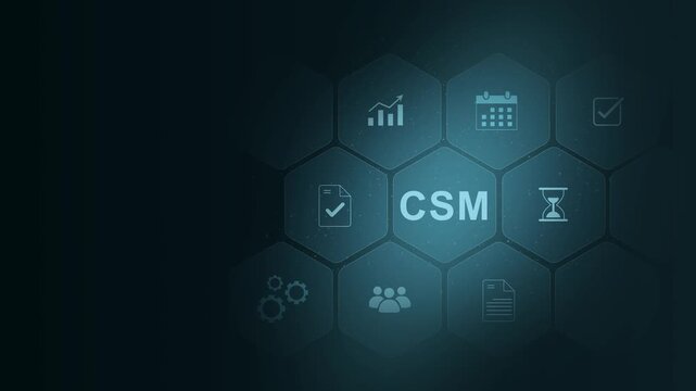 CSM acronym, customer success manager concept, business, modern technology, internet and social media icons. digital interface on cyan color background