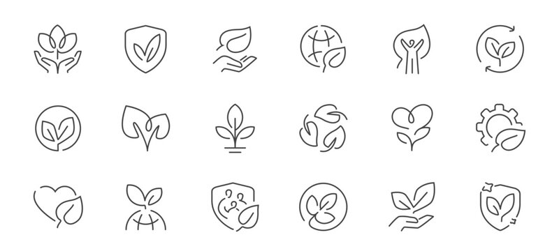 Sustainability and ESG line icons set with renewable energy, recycling and environmental protection