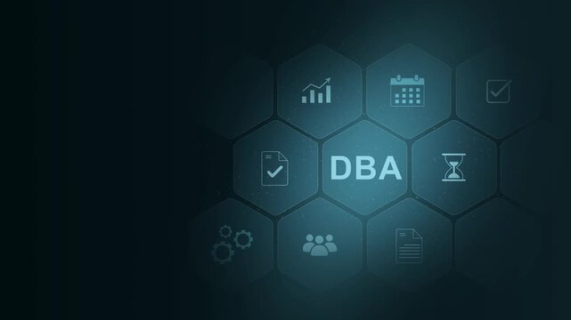 DBA acronym. Database administration concept. Business, modern technology, internet and social media icons. digital interface on cyan color background