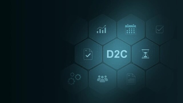 D2C acronym, business concept D2C direct to consumer infographic with icons, modern technology, digital interface on cyan color background