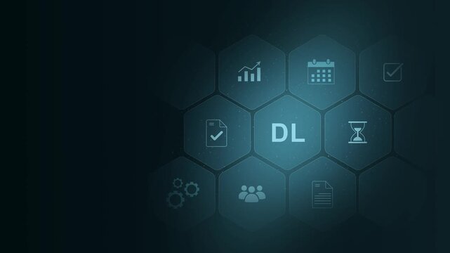 DL concept. Deep learning artificial intelligence neural network. Modern technology, internet and social media icon. digital interface on cyan color background