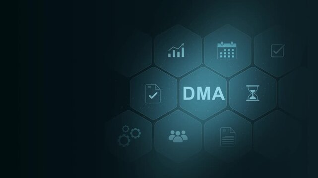 DMA acronym. Digital Marketing Automation concept, with gear modern technology internet and social media icons. digital interface on cyan color background