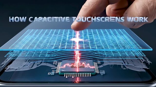 Capacitive Touchscreen Cross Section Showing Electrostatic Field Distortion by Finger Contact on Smartphone Display