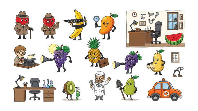 Detective Fruits: A vibrant illustration showcasing a charming ensemble of fruits engaged in detective work and various professions.