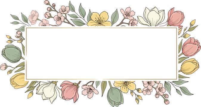 Floral banner spring summer frame flower decorative design with golden rectangle border