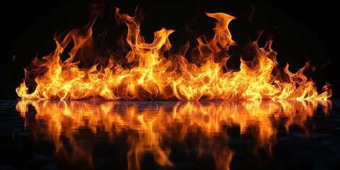 Bright orange flames blazing across a reflective water surface against a dark background, dramatic and intense, mesmerizing motion and heat