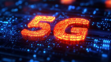 glowing orange 5g digits made of tiny lights on a blue circuit board conveying futuristic high-speed connectivity and dynamic digital energy