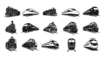 Collection of various train illustrations in black and white. © Efan