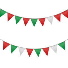 Obraz premium Colorful triangular pennant flags arranged in festive holiday bunting display isolated on white background