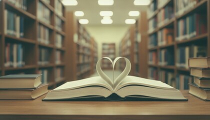 Fototapeta premium An open book with a heart shape symbolizing love for reading in a library setting