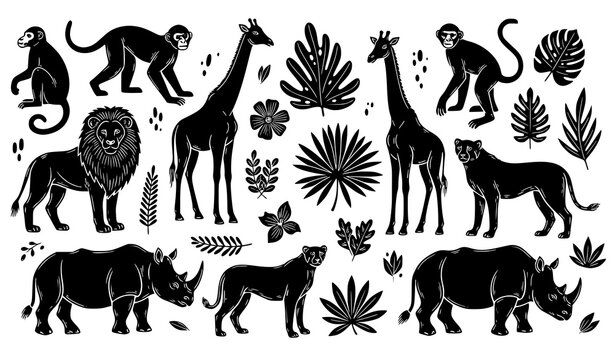 African Animal Linocut Print Vector Set with Lion, Giraffe, Monkey, Cheetah, Rhino Silhouettes on White