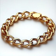 Obraz premium polished yellow gold chain bracelet on white background, linked curb-style band with clasp, elegant lustrous and luxurious studio presentation