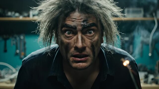 Shocked scientist with messy hair holds sparkler in laboratory during experiment. Mad scientist causes explosion in lab. Inventor with sparkler shows shock. Scientist experiments with fire in laborato