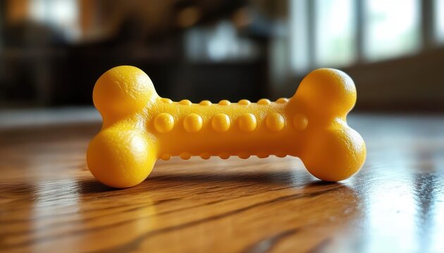 bright yellow rubber bone toy with textured bumps on a wooden floor in a warm sunlit room, playful and inviting