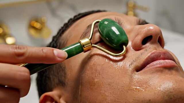 Close up of a person using a facial roller for skincare routine application with green jade