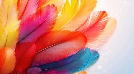 Obraz premium vibrant overlapping multicolored feathers with soft glowing light evoking joy warmth and delicate airy elegance