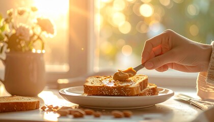 Hand spreading peanut butter on toast on a sunny morning table by the window