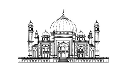 Hand drawn Mughal architecture line art vector with dome and arches inspired monument isolated on white background © MD