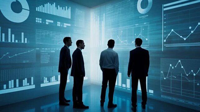 Business Team Analyzing Financial Data on Large Digital Dashboard Screens in Modern Office