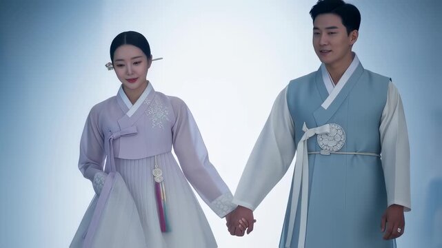 Korean couple in traditional Hanbok holding hands. Young man and woman walking together. Culture and romance concept