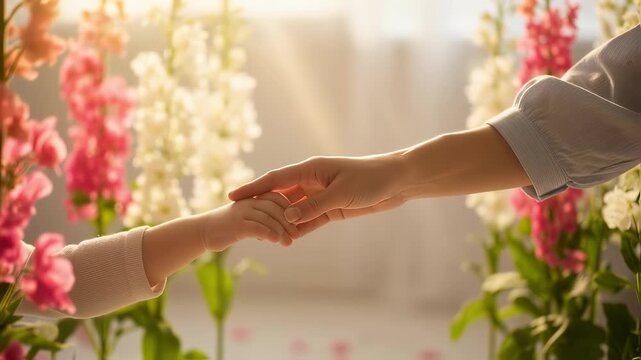 Close-up mother holding child hand among blooming flowers. Gentle parenting and family love concept. Spring garden background