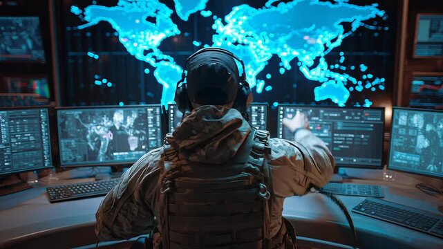 Military operations center with soldier monitoring concept. Military cyber operations specialist monitoring global data with multiple screens and digital world map