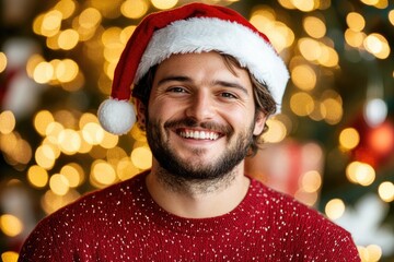 Smiling man in santa hat with festive lights and gifts background