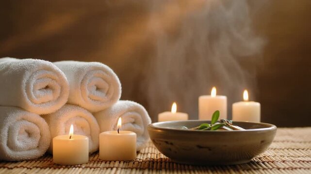 Serene spa scene with towels, candles, and steaming bowl on a woven mat in a peaceful environment.