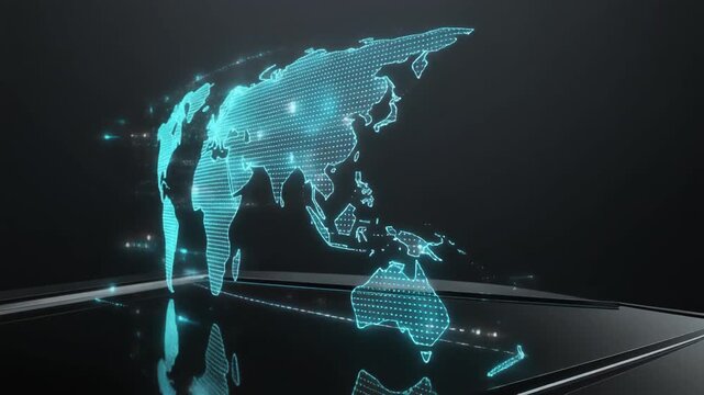 Aerial view of a digital world map on a sleek surface showcasing global connectivity and futuristic technology