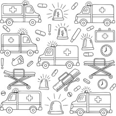 Fototapeta premium Emergency Medical Doodle Pattern Healthcare and First Aid Outline