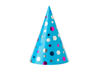 A blue party hat with colorful polka dots on a white background isolated on transparent background