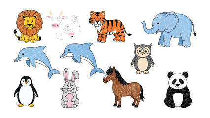 Fototapeta premium Animal Kingdom Illustration: An engaging collection of vibrantly illustrated animals, perfect for educational resources, playful designs, and imaginative projects.
