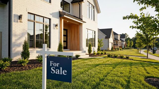 Beautiful modern home for sale with a sign in the front yard.
