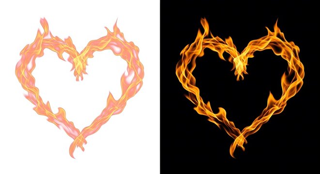 Flaming heart symbols on white and black backgrounds