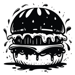 Fototapeta premium Sizzling black burger drips with sauce, creating a bold and delicious culinary illustration