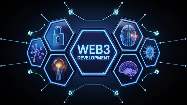 Web3 Development Concept with Blockchain Icons, Smart Contracts and Decentralized Network Interface