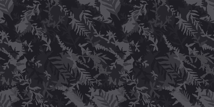 Grunge black leaves seamless camouflage. Hand drawn camo pattern. Ink texture with tree branches. Leaf grunge background. Vector wallpaper
