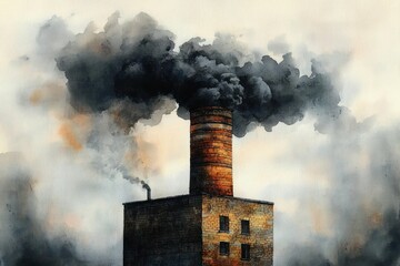 weathered brick factory with tall smokestack belching thick black smoke under a grim gloomy sky