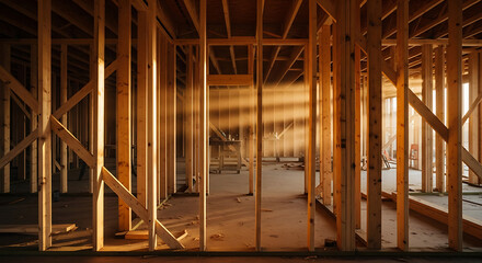 Unfinished building interior with exposed wooden frame and beams under construction viewed from inside