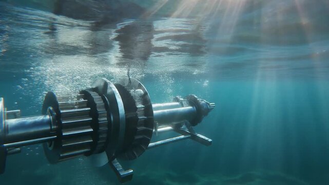 Underwater turbine rotating in ocean currents with sunlight filtering through the water, showcasing technology and renewable energy.