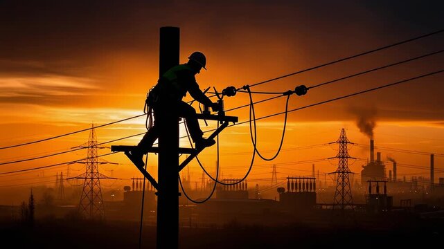 A lone lineman works on power lines at sunset, silhouetted against a backdrop of industrial