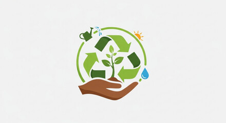 Sustainable growth concept with hand holding plant in recycling symbol surrounded by eco friendly elements and nurturing icons