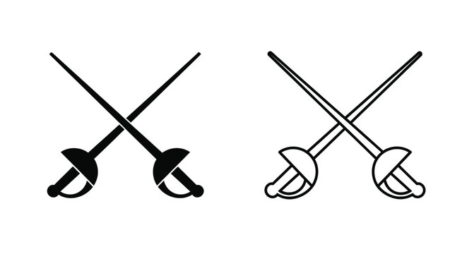 Two crossed fencing foils in black and white representing the sport