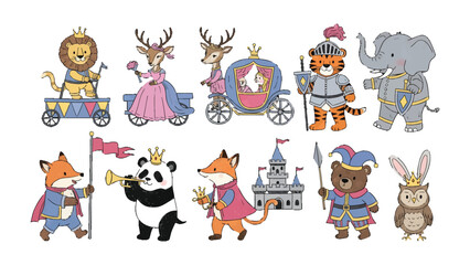 Naklejka premium Animal Kingdom's Royal Parade: A delightful parade of cartoon animals, each adorned in royal attire, showcases a whimsical kingdom filled with joy and fantasy.
