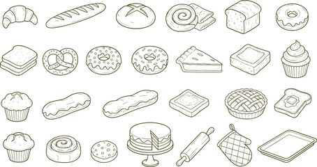 Bakery food illustration with various bread and desserts on white background